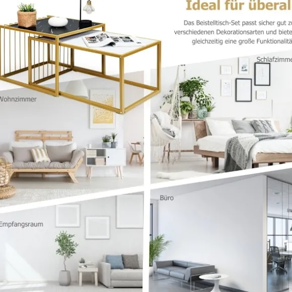 2 x sidebordssæt, sofabord, moderne sidebord i marmor, gul + sort + hvid