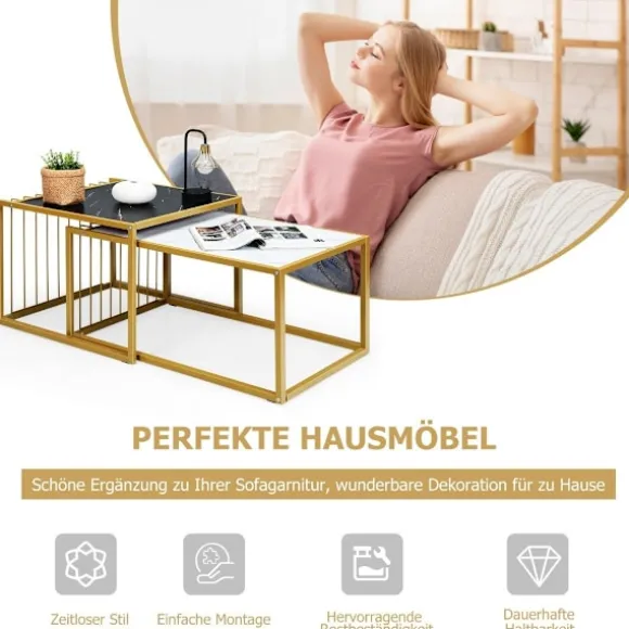 2 x sidebordssæt, sofabord, moderne sidebord i marmor, gul + sort + hvid