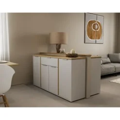 ADGANG skænk - 4 låger + 1 skuffe - Hamilton eg og hvid indretning - L 160,7 x D 39,6 x H 85,6 cm - DEMEYERE Matt vit och ljust trä
