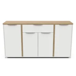 ADGANG skænk - 4 låger + 1 skuffe - Hamilton eg og hvid indretning - L 160,7 x D 39,6 x H 85,6 cm - DEMEYERE Matt vit och ljust trä