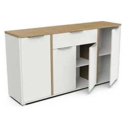 ADGANG skænk - 4 låger + 1 skuffe - Hamilton eg og hvid indretning - L 160,7 x D 39,6 x H 85,6 cm - DEMEYERE Matt vit och ljust trä