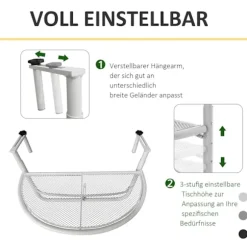 Altan Hængebord Hængebord Havebord Højdejusterbart Halvcirkelformet Ø30 Cm Terrasse Metal Hvid L60 X B45 X H50 Cm