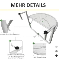 Altan Hængebord Hængebord Havebord Højdejusterbart Halvcirkelformet Ø30 Cm Terrasse Metal Hvid L60 X B45 X H50 Cm