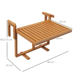 Altanbord Til Ophæng, Foldbart Altanhængebord, Højdejusterbart Hængebord, Kan Holde Op Til 20 Kg, Fyrretræ, 68 X 65 Cm, Teaktræ