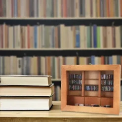 Angstdæmpende Bogreol med 200 Bøger Miniaturebibliotek Træbogreol Ryst Din Angst Væk A