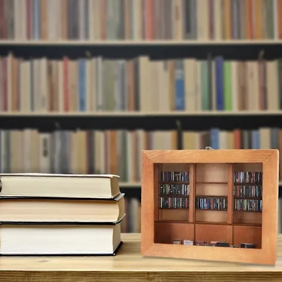 Angstdæmpende Bogreol med 200 Bøger Miniaturebibliotek Træbogreol Ryst Din Angst Væk A