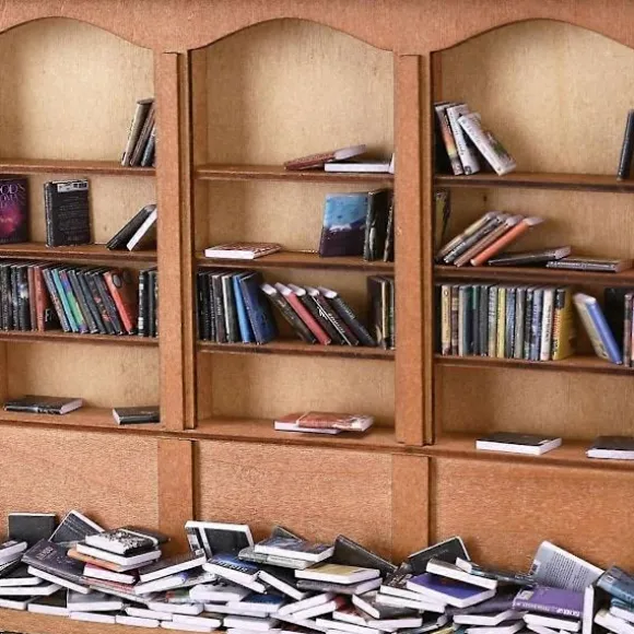 Angstdæmpende Bogreol med 200 Bøger Miniaturebibliotek Træbogreol Ryst Din Angst Væk A