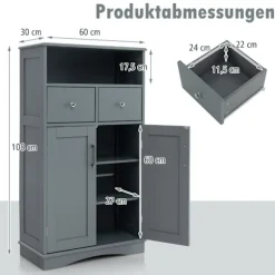 Badeværelsesskab med 2 skuffer & 2 låger & justerbar hylde sideskab grå