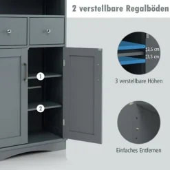Badeværelsesskab med 2 skuffer & 2 låger & justerbar hylde sideskab grå