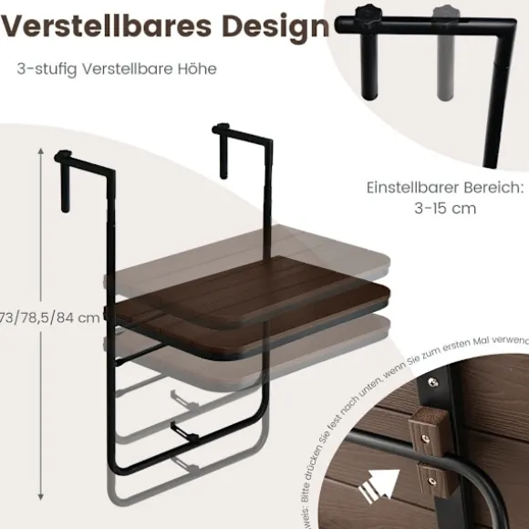 Balkonbord til ophæng med 3-niveaus justerbart højde foldbart gelænderbord kaffe