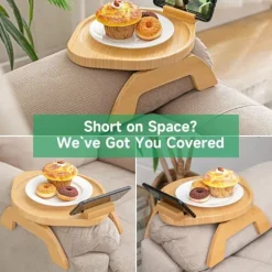 Bambus Sofa Arm Tray Bord med Roterende Mobilholder, Stabil Sofa Armlæn, Klips-På Sofa Tray Bord til Brede Sofaer
