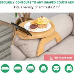 Bambus Sofa Arm Tray Bord med Roterende Mobilholder, Stabil Sofa Armlæn, Klips-På Sofa Tray Bord til Brede Sofaer
