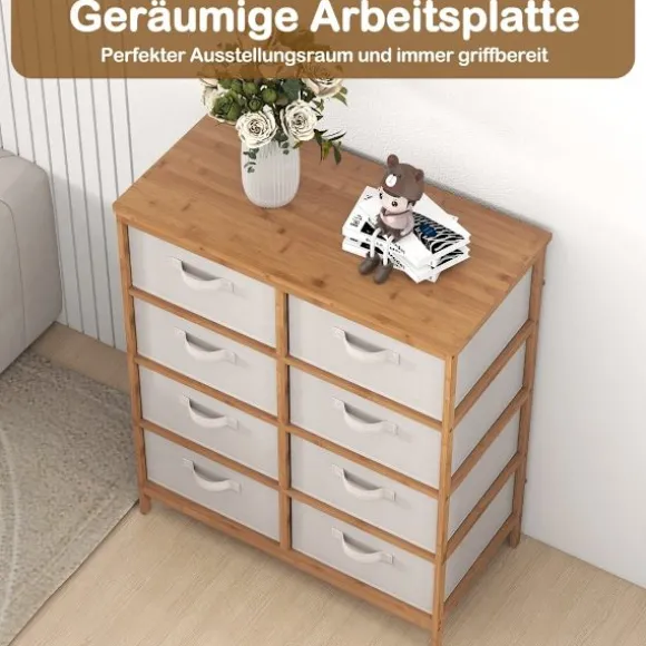 Bambuskommode med 8 skuffer og aftagelige stofhylder