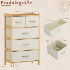 Bambuskommode med opbevaring, 5 stofskuffer og hylde