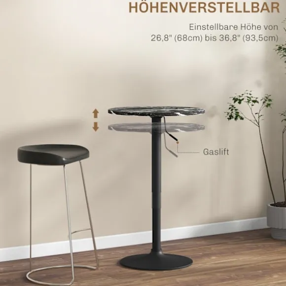 Barbord, barbord, rundt spisebord til 2 personer, køkkenbord med marmorlook til stue, spisestue, små værelser, sort, Ø60 x 68-93,5cm