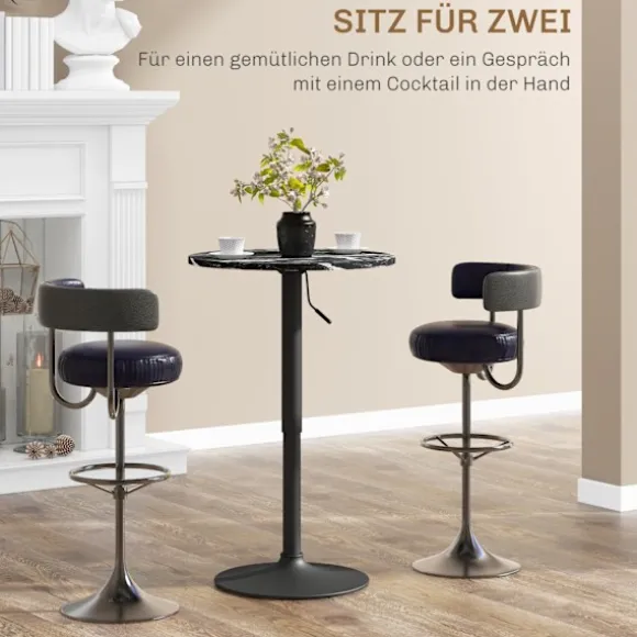 Barbord, barbord, rundt spisebord til 2 personer, køkkenbord med marmorlook til stue, spisestue, små værelser, sort, Ø60 x 68-93,5cm