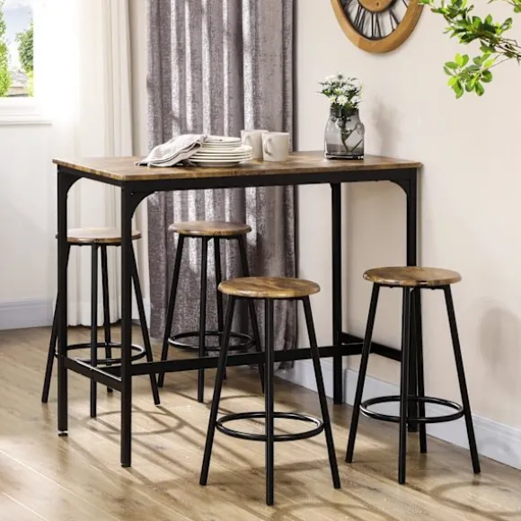 Barbord Med Barstolssæt, 5 Stk. Barbordssæt, Køkkenbord Med 4 Barstole, Spisegruppe I Industrielt Design, Metal, Rustik Brun