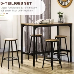 Barbord Med Barstolssæt, 5 Stk. Barbordssæt, Køkkenbord Med 4 Barstole, Spisegruppe I Industrielt Design, Metal, Rustik Brun