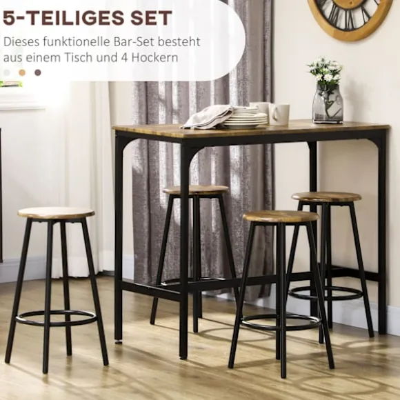 Barbord Med Barstolssæt, 5 Stk. Barbordssæt, Køkkenbord Med 4 Barstole, Spisegruppe I Industrielt Design, Metal, Rustik Brun