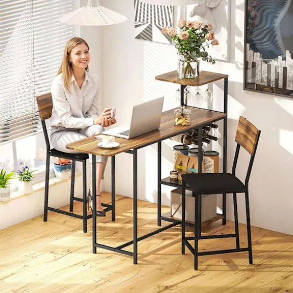 Barbord med barstolssæt, 3 stk. Barbordsæt med klapkøkkenbord, vinglasholder, vinreol, 2 barstole, stålstel, i moderne, spisegruppe til spisestue, køk | Fyndiq