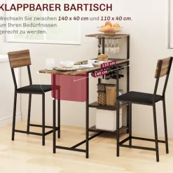 Barbord med barstolssæt, 3 stk. Barbordsæt med klapkøkkenbord, vinglasholder, vinreol, 2 barstole, stålstel, i moderne, spisegruppe til spisestue, køk | Fyndiq