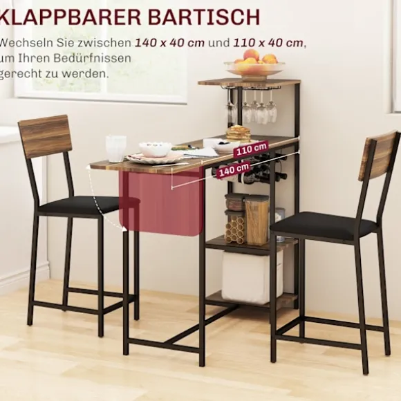 Barbord med barstolssæt, 3 stk. Barbordsæt med klapkøkkenbord, vinglasholder, vinreol, 2 barstole, stålstel, i moderne, spisegruppe til spisestue, køk | Fyndiq