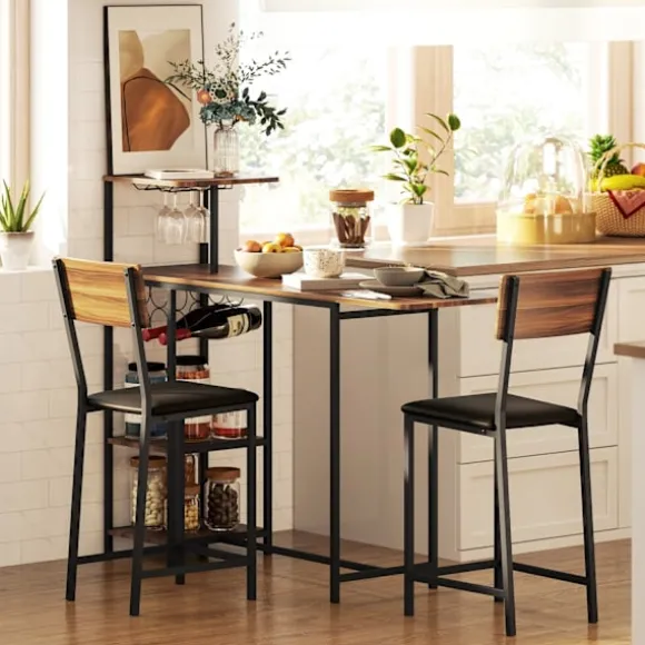 Barbord med barstolssæt, 3 stk. Barbordsæt med klapkøkkenbord, vinglasholder, vinreol, 2 barstole, stålstel, i moderne, spisegruppe til spisestue, køk | Fyndiq