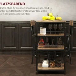 Barbord med barstolssæt, 3 stk. Barbordsæt med køkkenbord 3 hylder 2 barstole Moderne stil Spisestue Køkken Stål Eg Aosom