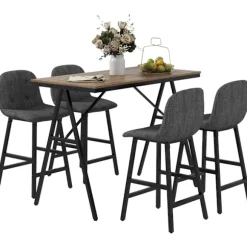 Barbord med barstolssæt, 5-delt spisegruppe, køkkenbord, bistrobord med 4 stole, barbordssæt til køkken, stue, stål, mørkegrå, 120 x 60 x 91 cm