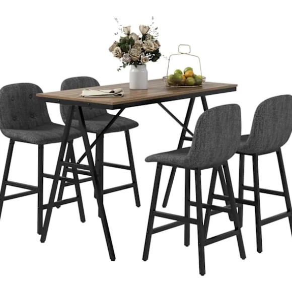 Barbord med barstolssæt, 5-delt spisegruppe, køkkenbord, bistrobord med 4 stole, barbordssæt til køkken, stue, stål, mørkegrå, 120 x 60 x 91 cm
