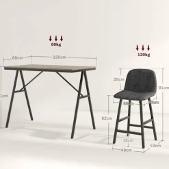 Barbord med barstolssæt, 5-delt spisegruppe, køkkenbord, bistrobord med 4 stole, barbordssæt til køkken, stue, stål, mørkegrå, 120 x 60 x 91 cm