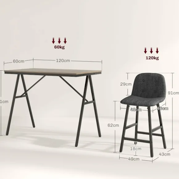 Barbord med barstolssæt, 5-delt spisegruppe, køkkenbord, bistrobord med 4 stole, barbordssæt til køkken, stue, stål, mørkegrå, 120 x 60 x 91 cm
