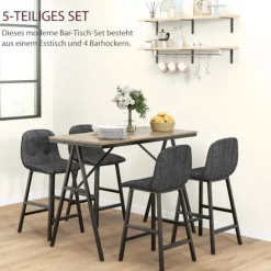 Barbord med barstolssæt, 5-delt spisegruppe, køkkenbord, bistrobord med 4 stole, barbordssæt til køkken, stue, stål, mørkegrå, 120 x 60 x 91 cm