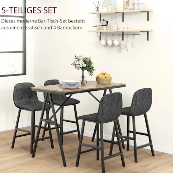 Barbord med barstolssæt, 5-delt spisegruppe, køkkenbord, bistrobord med 4 stole, barbordssæt til køkken, stue, stål, mørkegrå, 120 x 60 x 91 cm