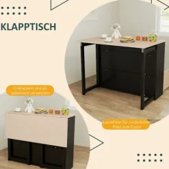 Barbord med barstolssæt, 3-delt barbordssæt, spisebord med klapbordplade, køkkenbord med skab, spisegruppe til spisestue, stue, sort Aosom