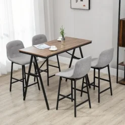 Barbordssæt 5 stk. med barstole, spisegruppe til køkken, bistrobord med 4 stole, metal, lysebrun, 120x60x91 cm