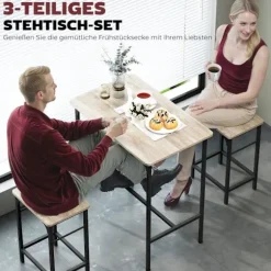 Barbordssæt Barbord med barstolssæt Spisebord med 2 stole med skridsikker trædepude Naturligt træ