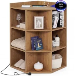 Bibliotek i vinkel 3 niveauer COSTWAY med ladestation, åben hylde i træ med 9 rum, 2 USB-porte, 4 stik Brun