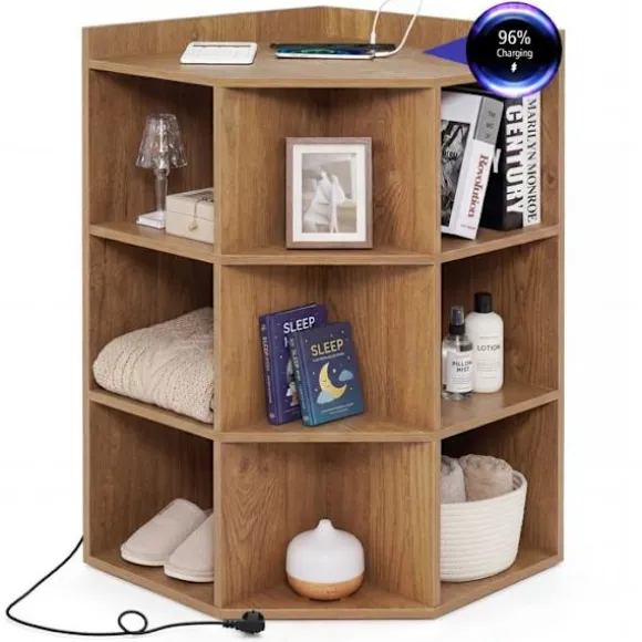 Bibliotek i vinkel 3 niveauer COSTWAY med ladestation, åben hylde i træ med 9 rum, 2 USB-porte, 4 stik Brun