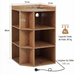 Bibliotek i vinkel 3 niveauer COSTWAY med ladestation, åben hylde i træ med 9 rum, 2 USB-porte, 4 stik Brun
