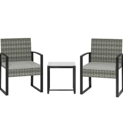 Bistrosæt med hynder, PE-rattan, glasbordplade