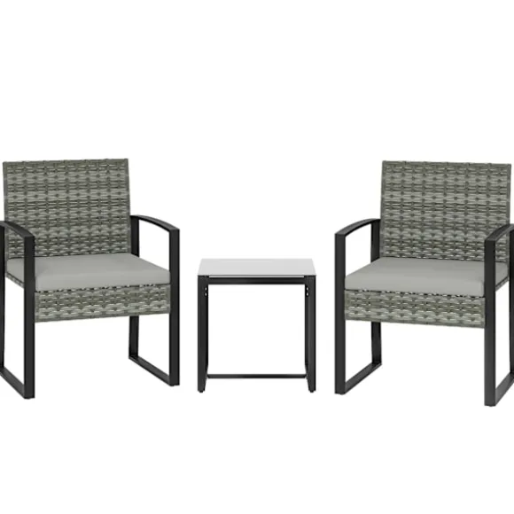 Bistrosæt med hynder, PE-rattan, glasbordplade