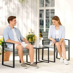 Bistrosæt med hynder, PE-rattan, glasbordplade