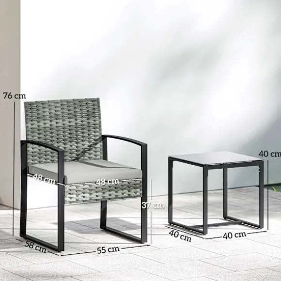 Bistrosæt med hynder, PE-rattan, glasbordplade