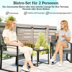 Bistrosæt med hynder, PE-rattan, glasbordplade
