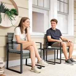 Bistrosæt med hynder, PE-rattan, glasbordplade