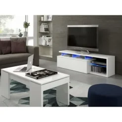 BLUE-TECH vendbar tv-enhed - Hvidlakeret melamin - 1 drop-down låge - LED - Blank hvid - L150 x D41 x H43 cm lysande vit