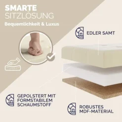 Bænk beige velour 76x38x42cm foldbar med opbevaringsplads