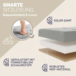 Bænk grå fløjl 76x38x42cm foldbar med opbevaringsplads