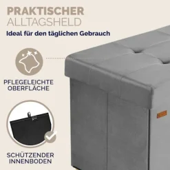 Bænk grå fløjl 76x38x42cm foldbar med opbevaringsplads